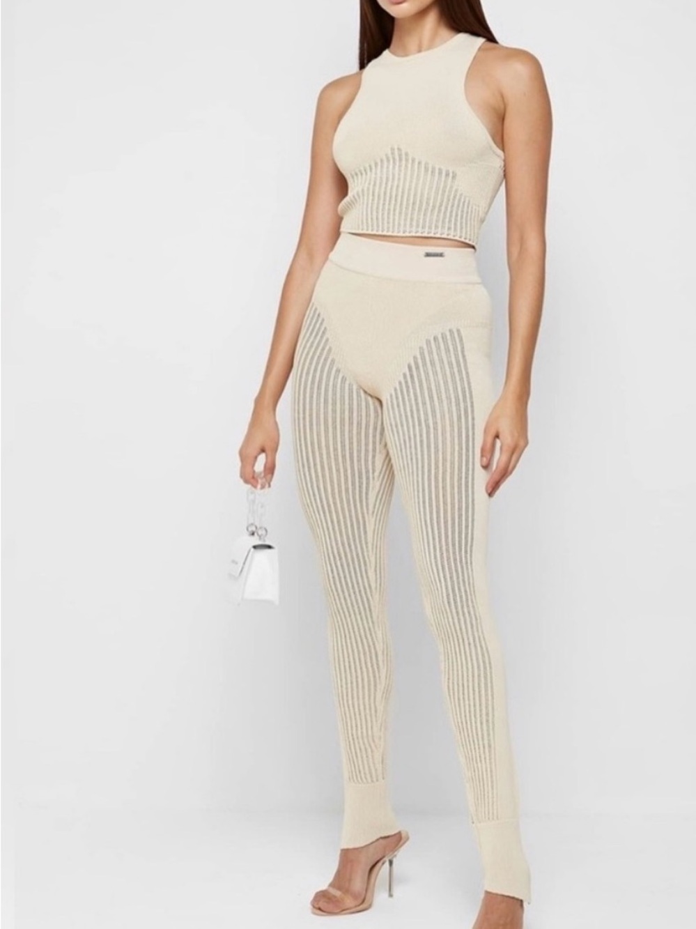 Manier de Voir Beige Ribbed Knit High-Waist Pants